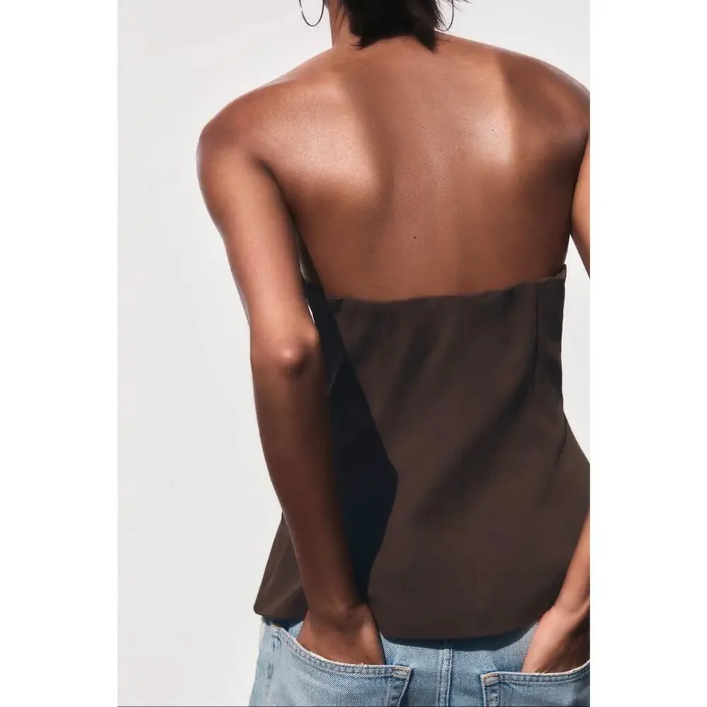 Zara Linen-Look Strapless Bandeau Top in Dark Brown Size Large 4661/052/700 - Picture 5 of 11